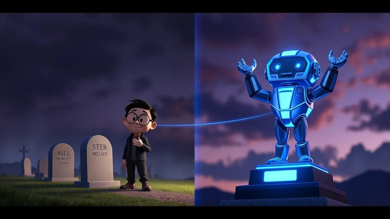 Composição split com lápide de vibe coding à esquerda e troféu azul brilhante em forma de agente robô à direita, drama teatral cartoon.