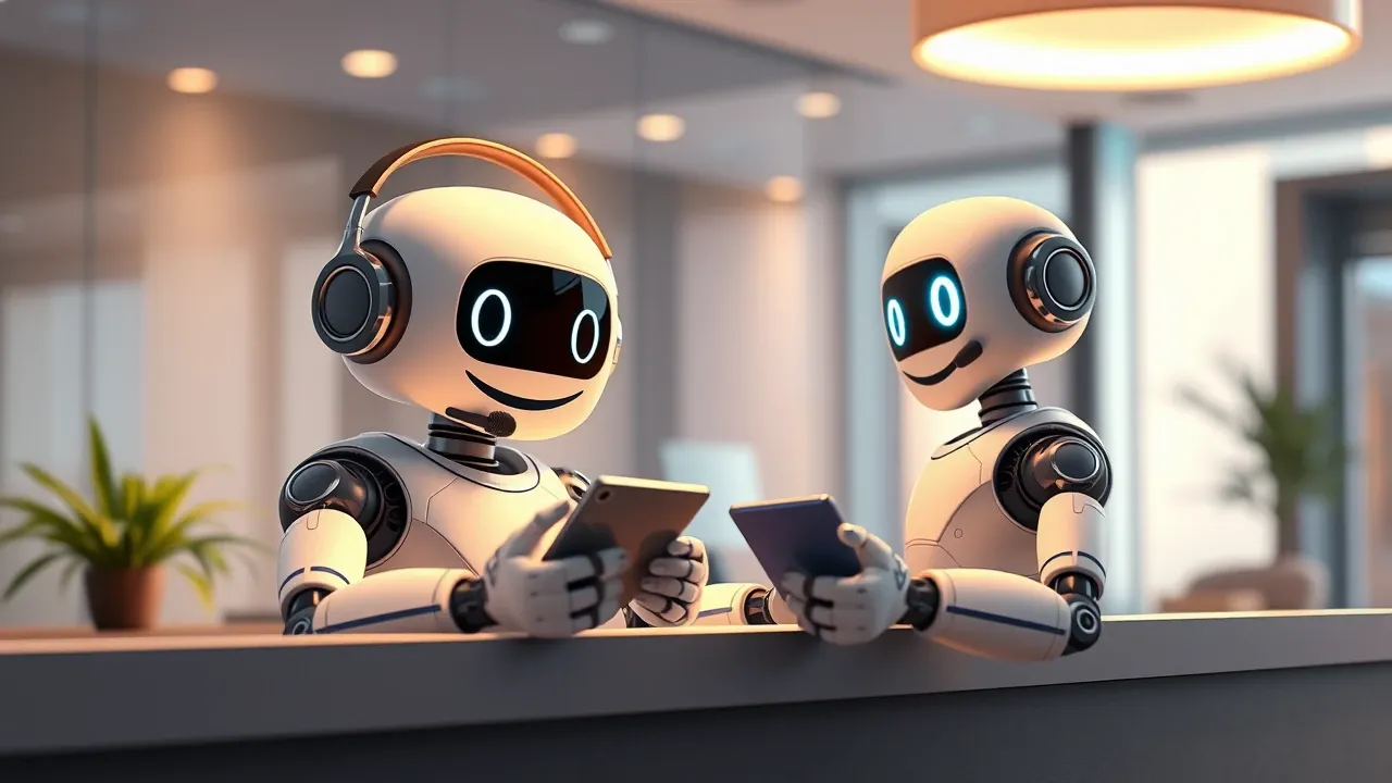 Robô de atendimento com headset usando smartphone e tablet para gerenciar agendamentos