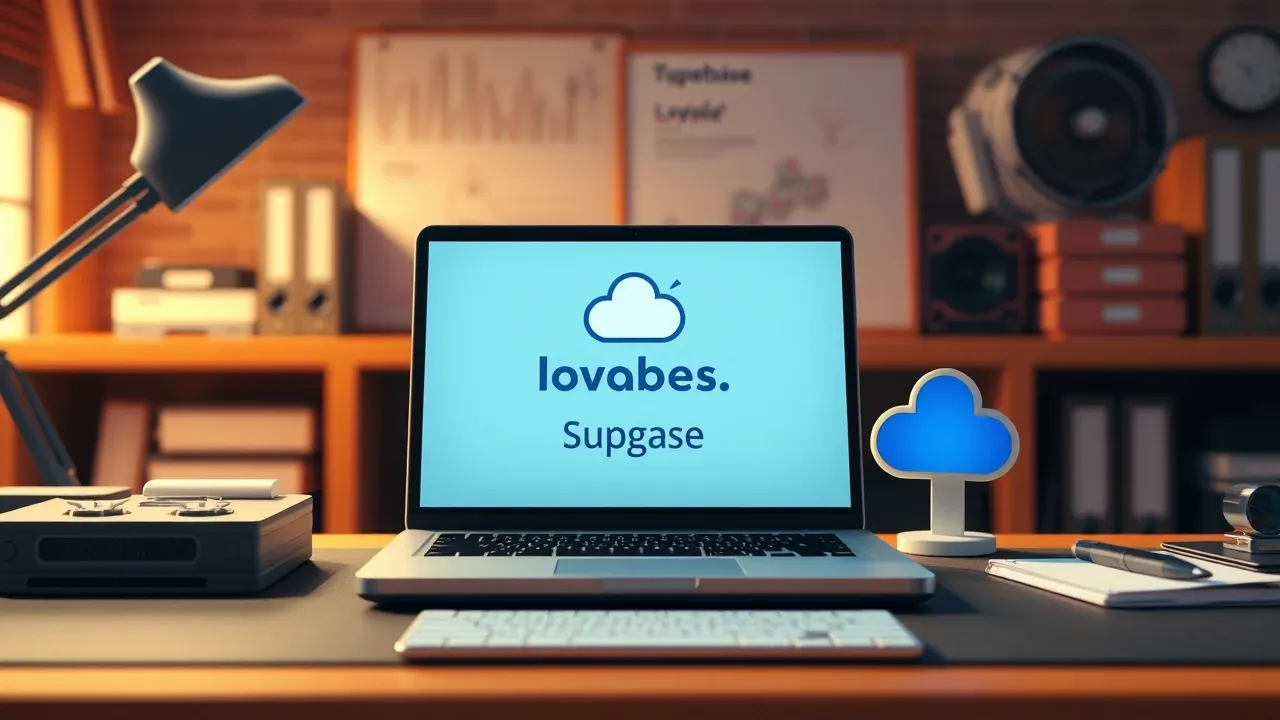 Três ferramentas de desenvolvimento dispostas em mesa organizada: laptop com Lovable, ícone do Supabase e símbolo de deploy em nuvem, estilo flat editorial