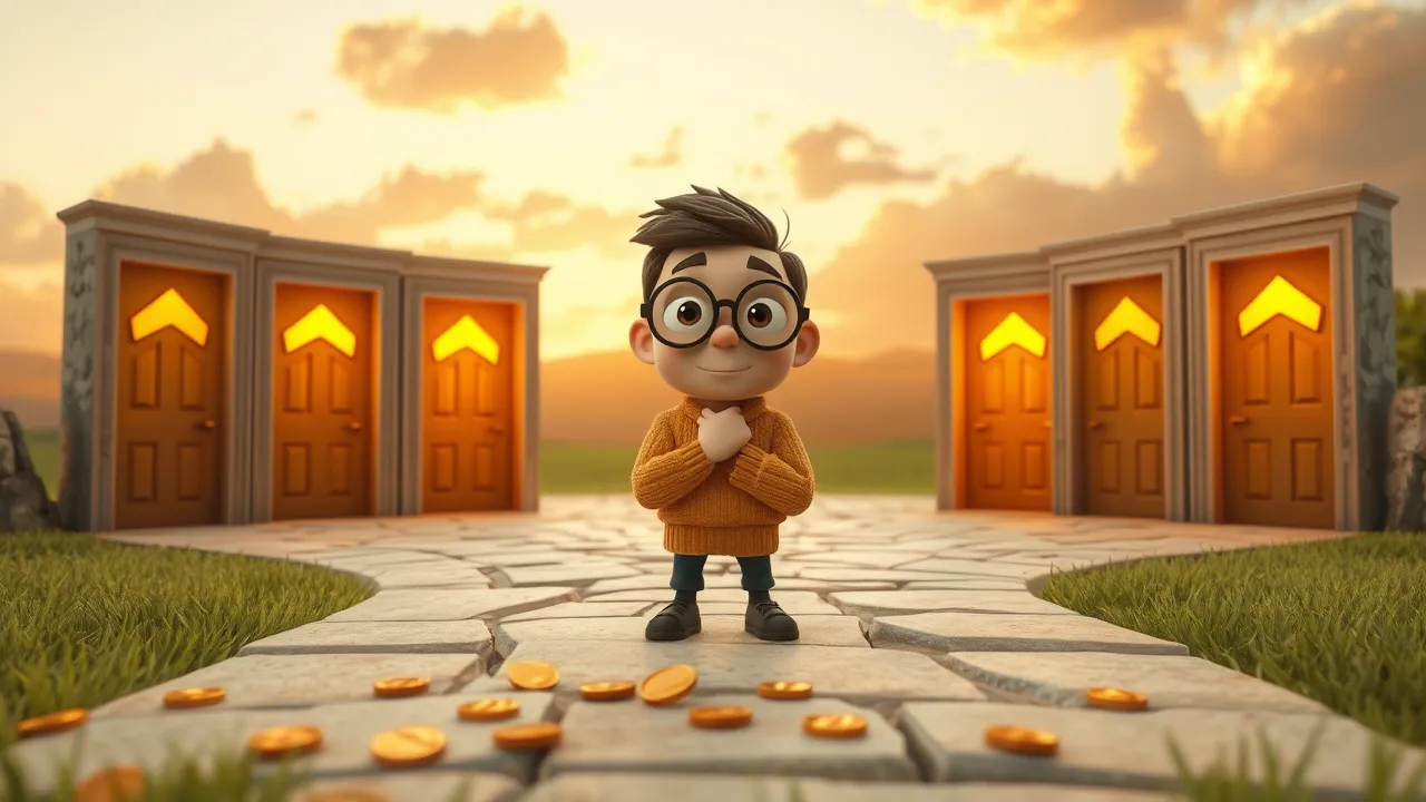 Várias portas cartoon estilizadas com setas brilhantes apontando direções diferentes, em estilo Pixar dramático