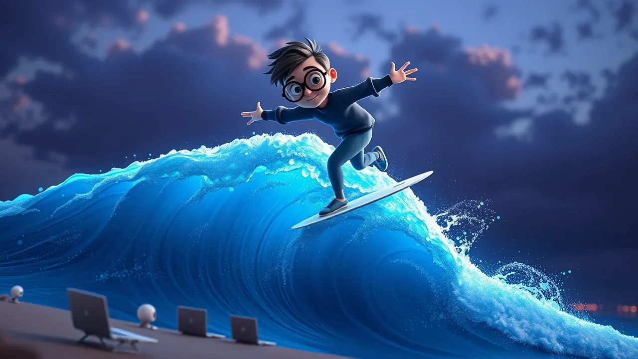 Cartoon de criador surfando uma onda gigante de código azul brilhante e cabeças de robô agente, expressão teatral de adrenalina e euforia.