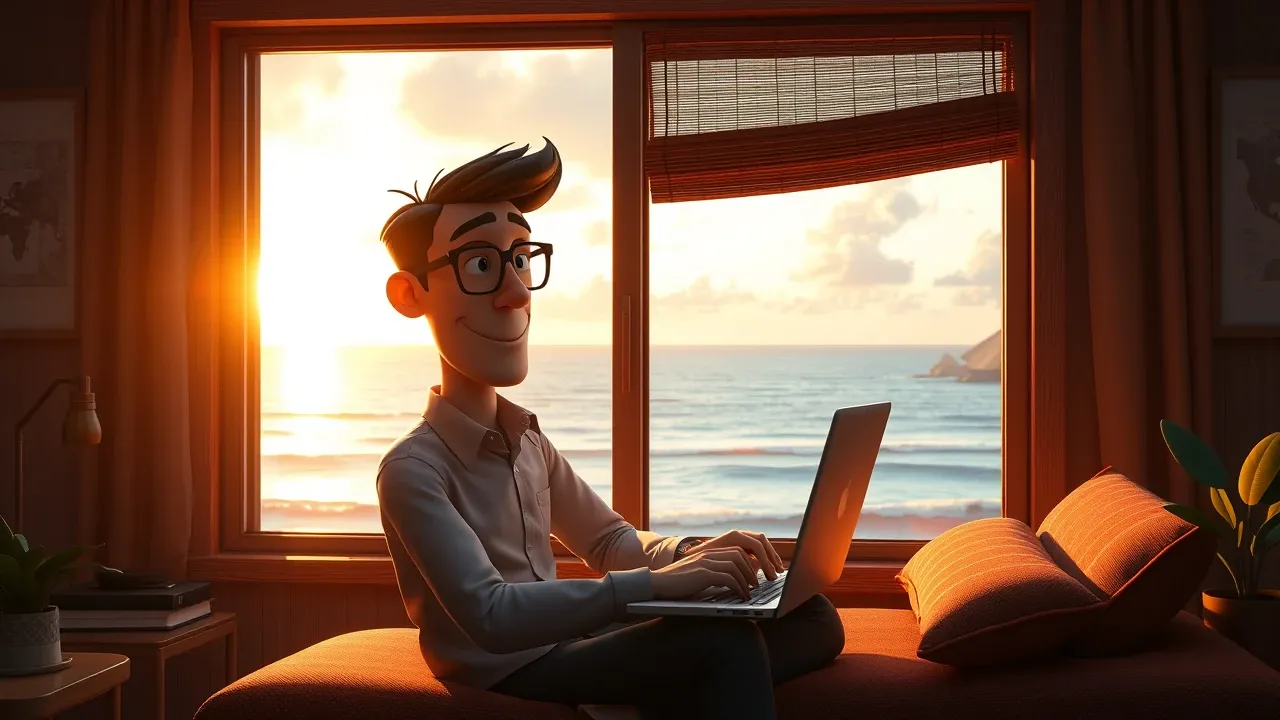 Empreendedor trabalhando em laptop com vista para o mar, representando liberdade geográfica, estilo Pixar 3D