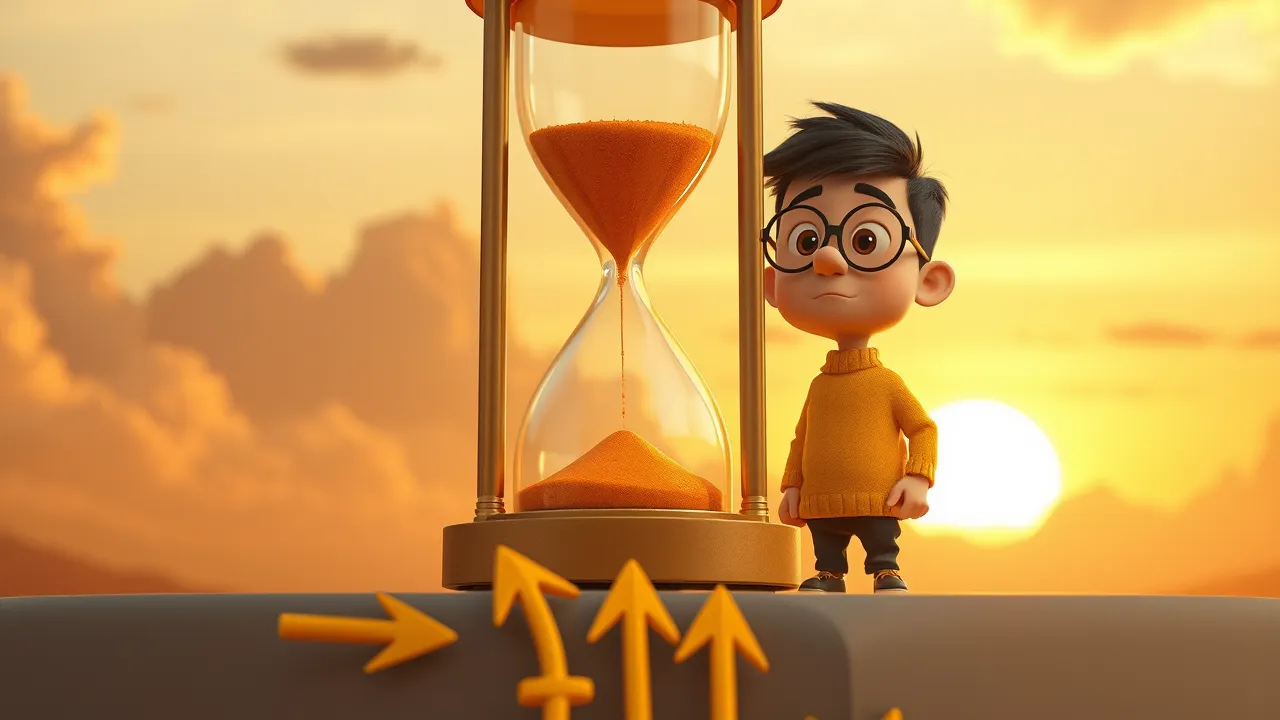 Encruzilhada estilizada com sol nascendo e placas indicando direções, em estilo Pixar editorial dramático