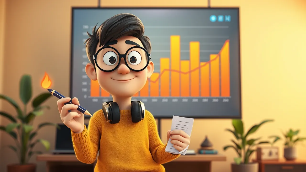 Personagem cartoon com terminal aberto e gráfico no fundo, olhando confiante pra frente, em estilo Pixar otimista