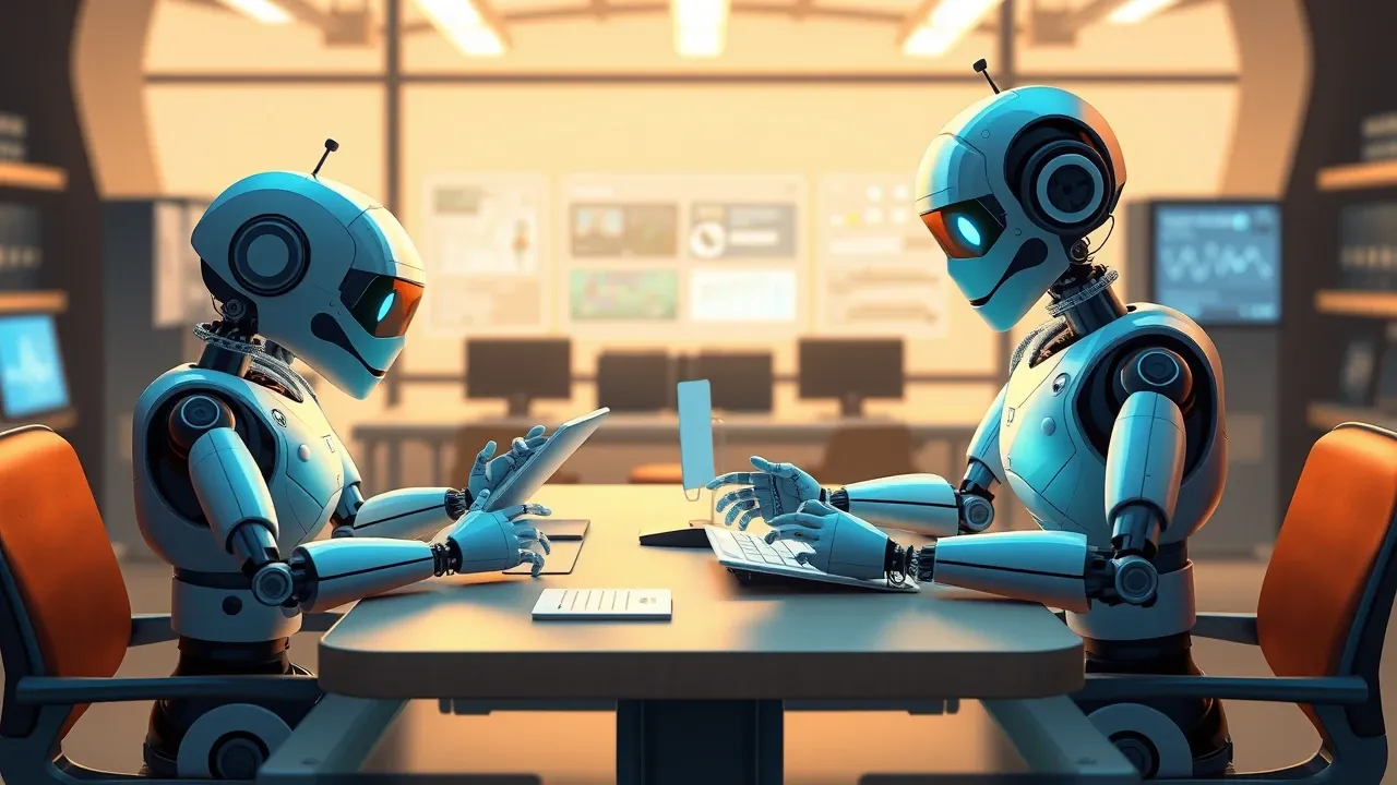 Três robôs colaborando em uma mesa de escritório futurista analisando dados em tablets