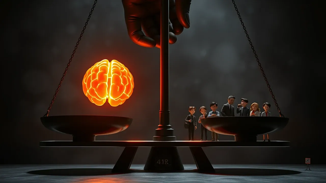 Balança gigante teatral com cérebro de IA brilhante num lado e grupo de funcionários Pixar no outro, a balança pendendo para o lado da IA, ambiente charcoal com acentos laranja