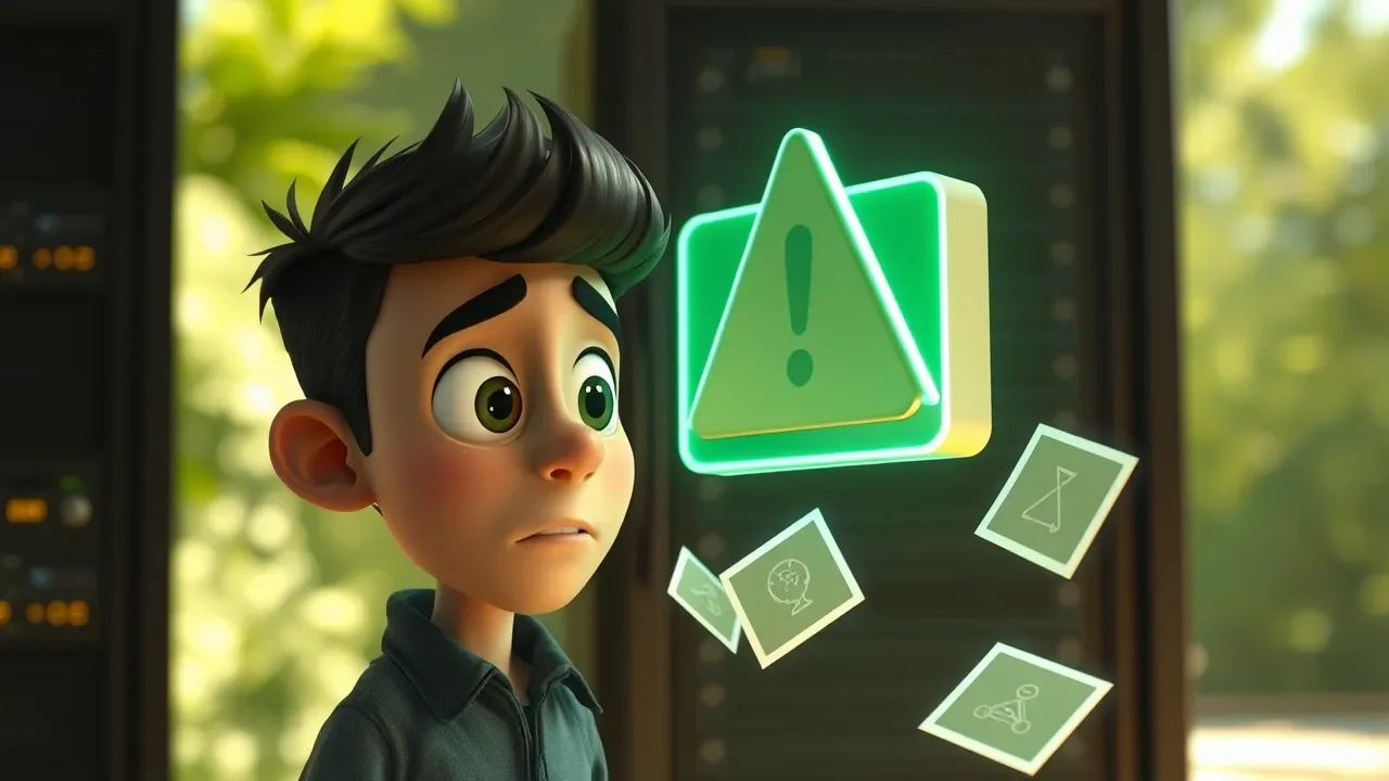 Personagem Pixar 3D interpretando código de erro de API em tela gigante, detetive resolvendo caso, paleta sage emerald