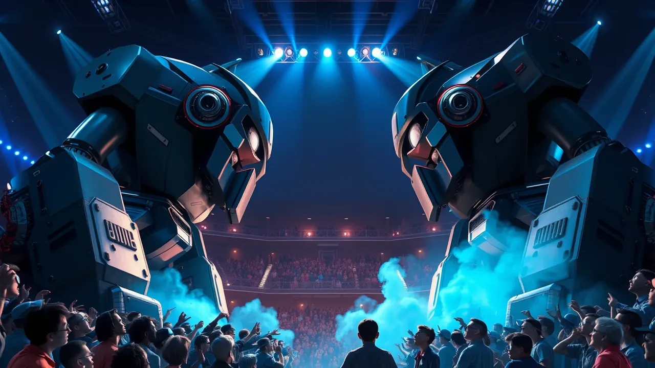 Cena Pixar 3D épica de dois robôs gigantes em azul elétrico e azul aço se confrontando em arena de tecnologia com personagens criadores menores assistindo da arquibancada