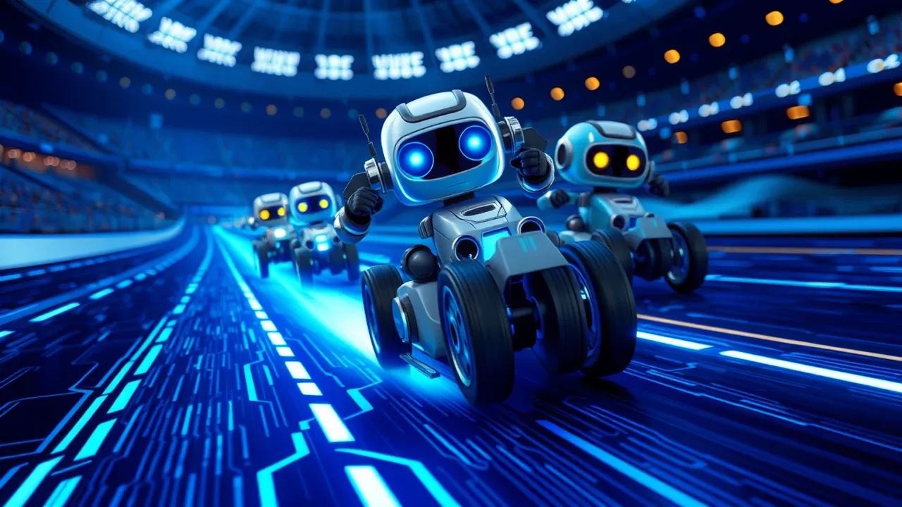 Personagem Pixar 3D em podium de corrida de dados, robôs coloridos competindo em pista azul elétrica, perspectiva dramática com velocidade e luz azul