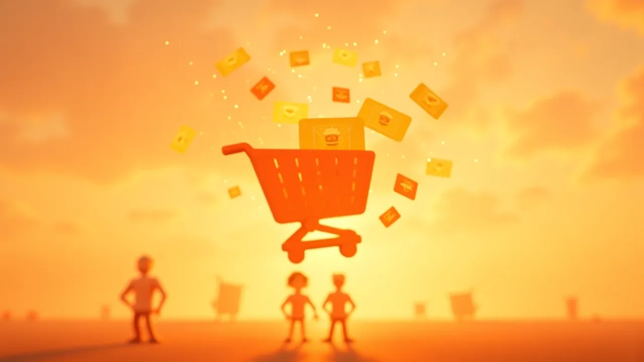 Cena Pixar 3D de carrinho de compras digital flutuando no ar com notificações e mensagens de reengajamento voando ao redor, iluminação laranja vibrante