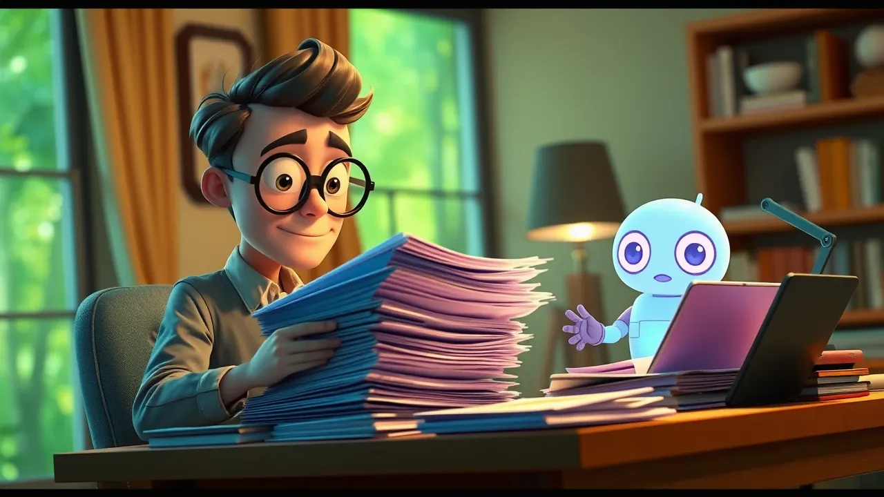 Ilustração de profissional e assistente robô roxo analisando pilha de documentos, representando Claude com contexto largo para documentos extensos