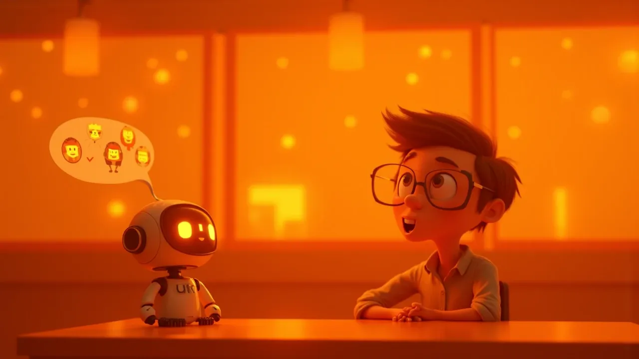 Personagem Pixar 3D com tela flutuante cheia de fichas de produto e textos se escrevendo automaticamente, luz dourada dramática no cenário