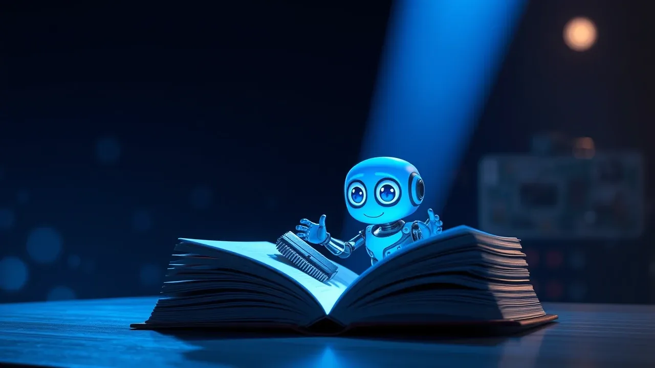 Agente IA Pixar 3D com braços mecânicos executando múltiplas ações simultâneas, cena dramática electric blue