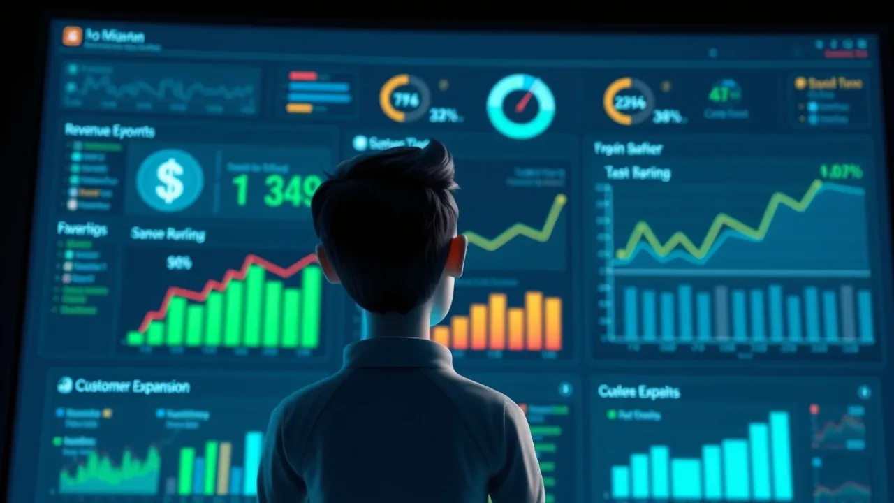 Dashboard de análise de dados de SaaS mostrando métricas de expansão de receita e retenção de clientes com inteligência artificial