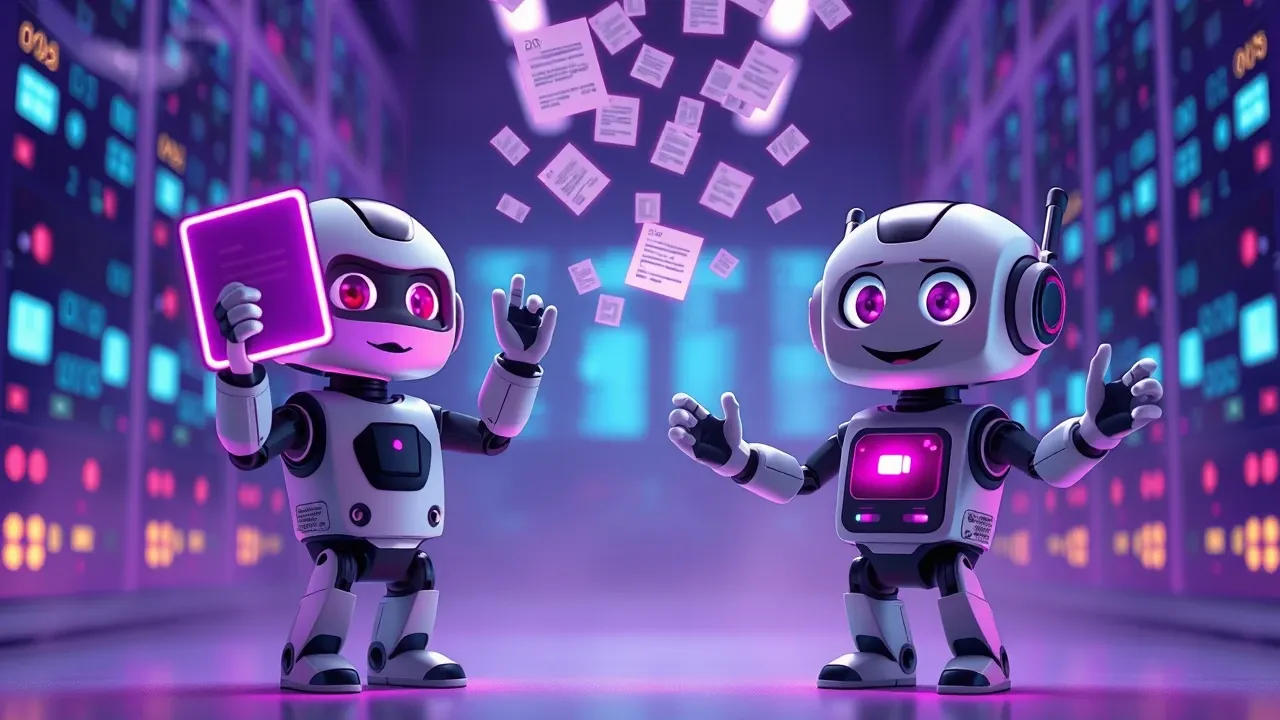 Ilustração 3D mostrando dois robôs de IA lado a lado recebendo a mesma fonte envenenada: um filtra com cuidado, o outro absorve tudo sem questionar
