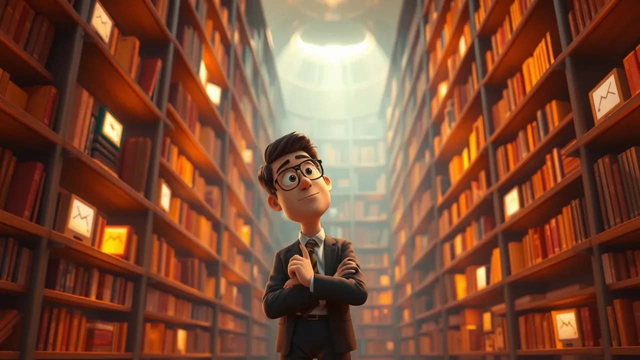 Personagem Pixar 3D escolhendo ferramenta ideal em prateleira gigante de opções tecnológicas, paleta warm sunset