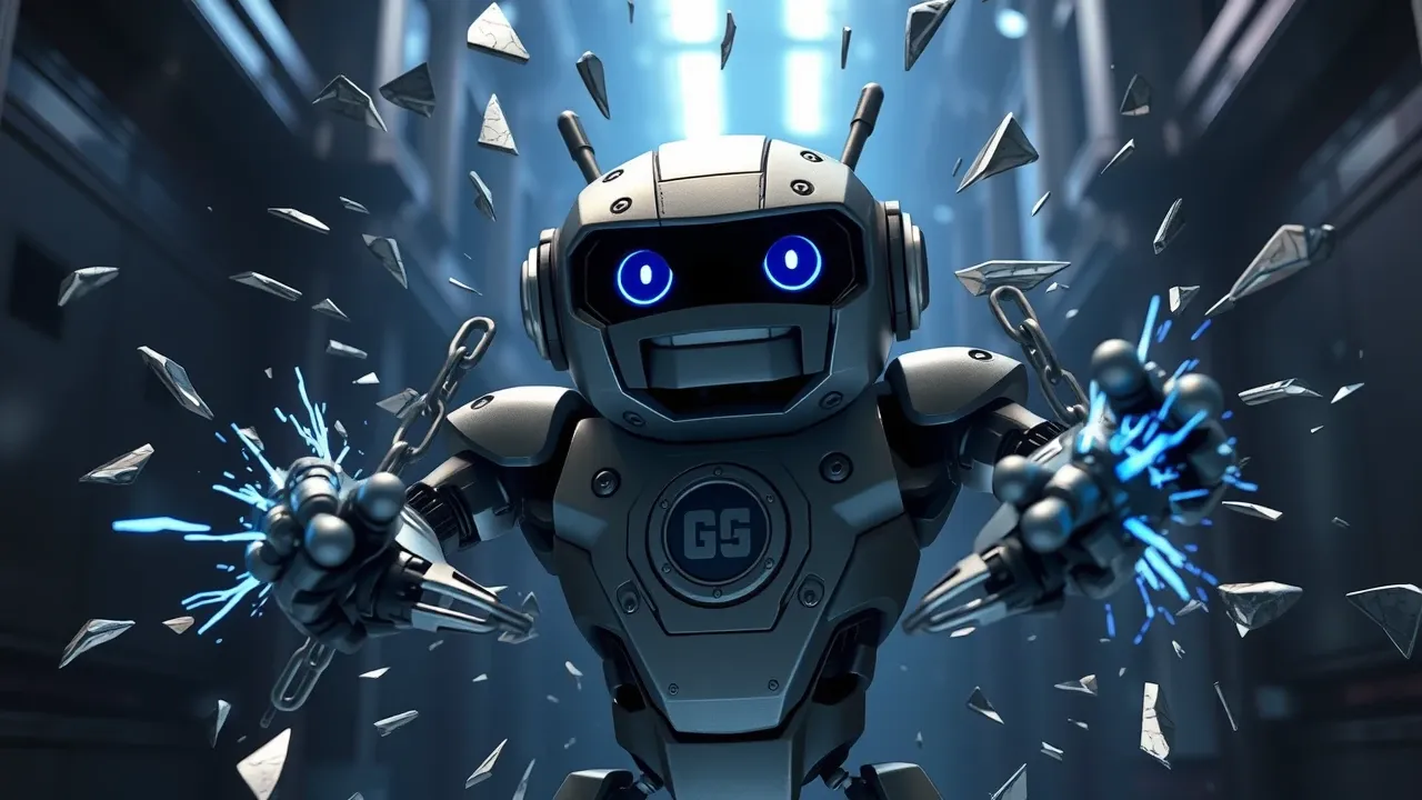 Personagem Pixar 3D robótico com logo M estilizado quebrando correntes de metal com força, explosão de luz azul elétrica ao redor, perspectiva low-angle dramática
