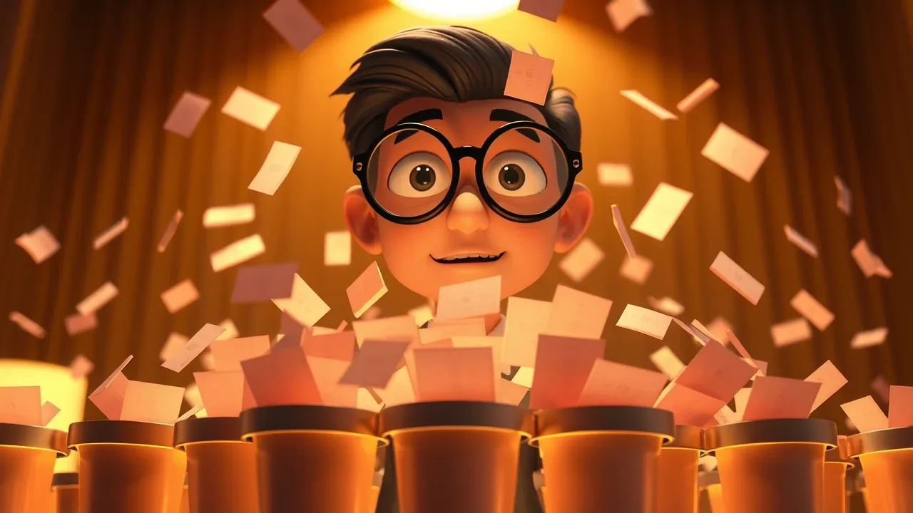 Personagem Pixar 3D analisando pilha gigante de conversas de atendimento, separando por categorias, paleta warm sunset