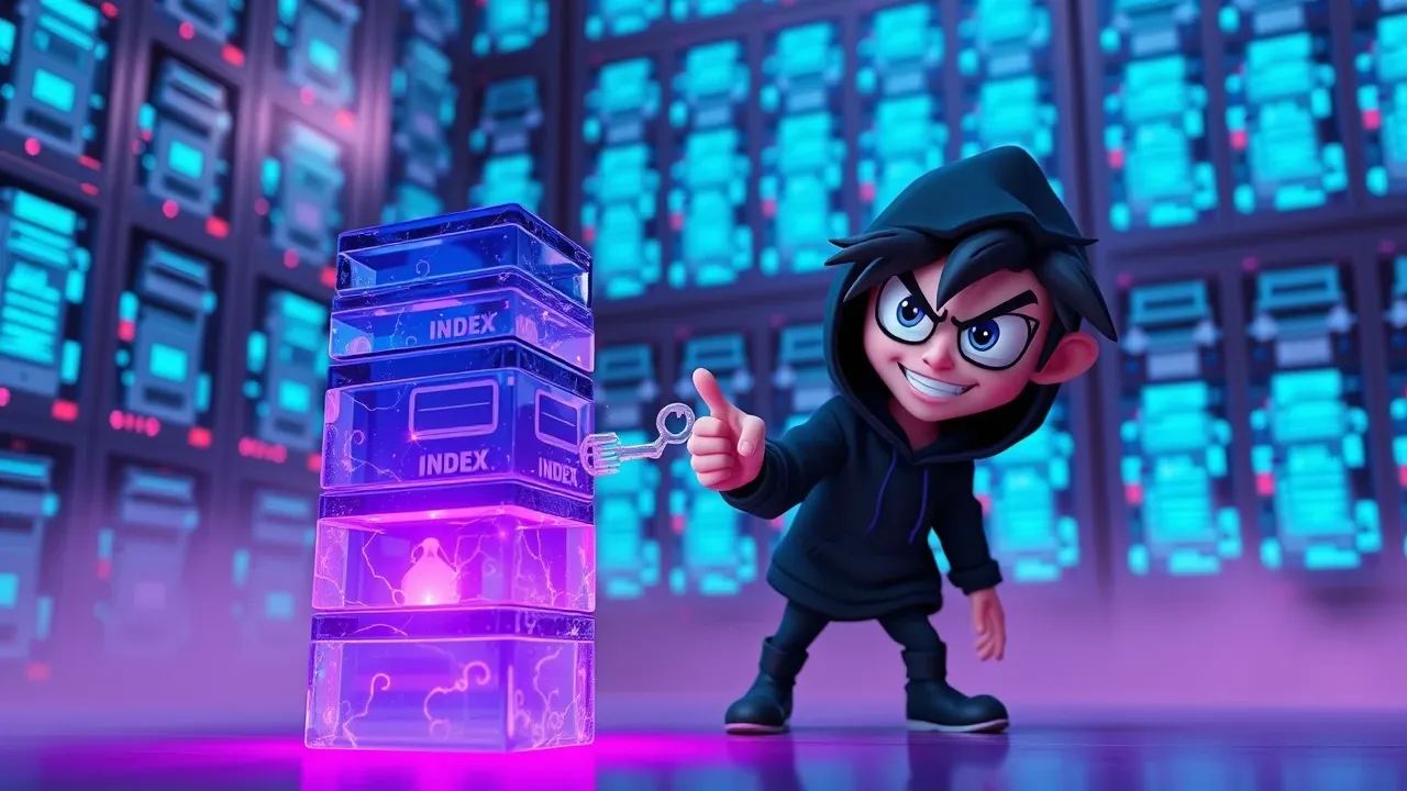 Personagem cartoon de capuz escuro plantando dados envenenados nos resultados de pesquisa enquanto um robô de IA confuso tenta avaliar as fontes
