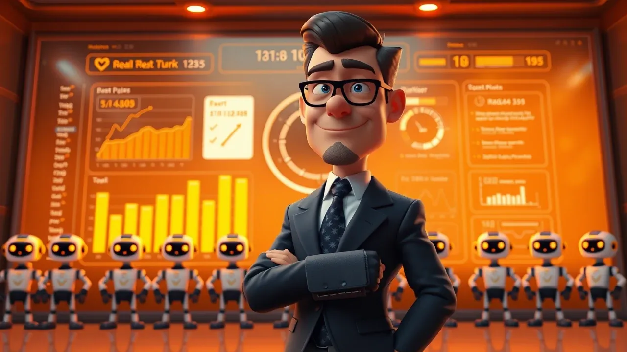 Personagem Pixar 3D monitorando dashboard de atendimento com métricas de agente IA, paleta warm sunset, escala dramática