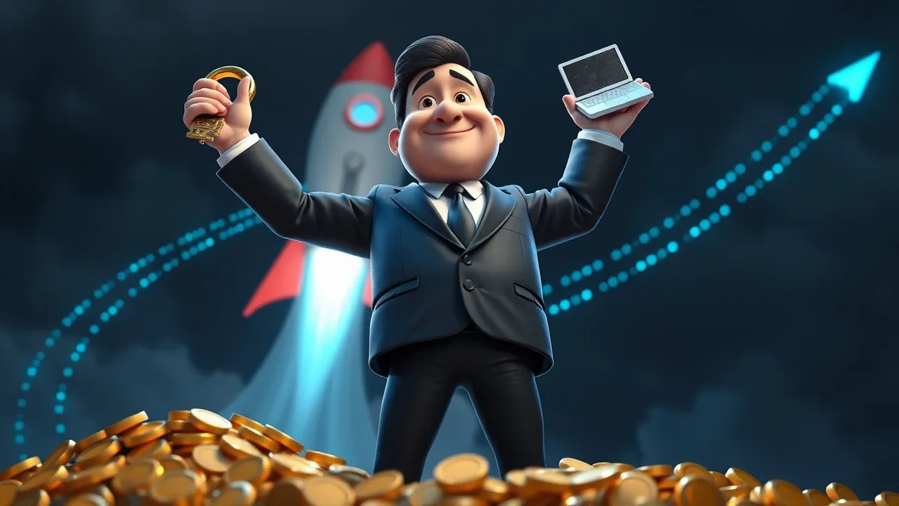 Ilustração de um executivo cartoon recebendo chaves gigantes de uma ferramenta de criação de software com um foguete ao fundo