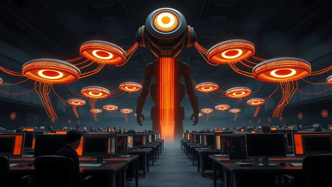 Escritório corporativo escuro com câmeras de IA gigantes captando cada clique dos funcionários, estilo Pixar 3D, iluminação charcoal com acentos laranja