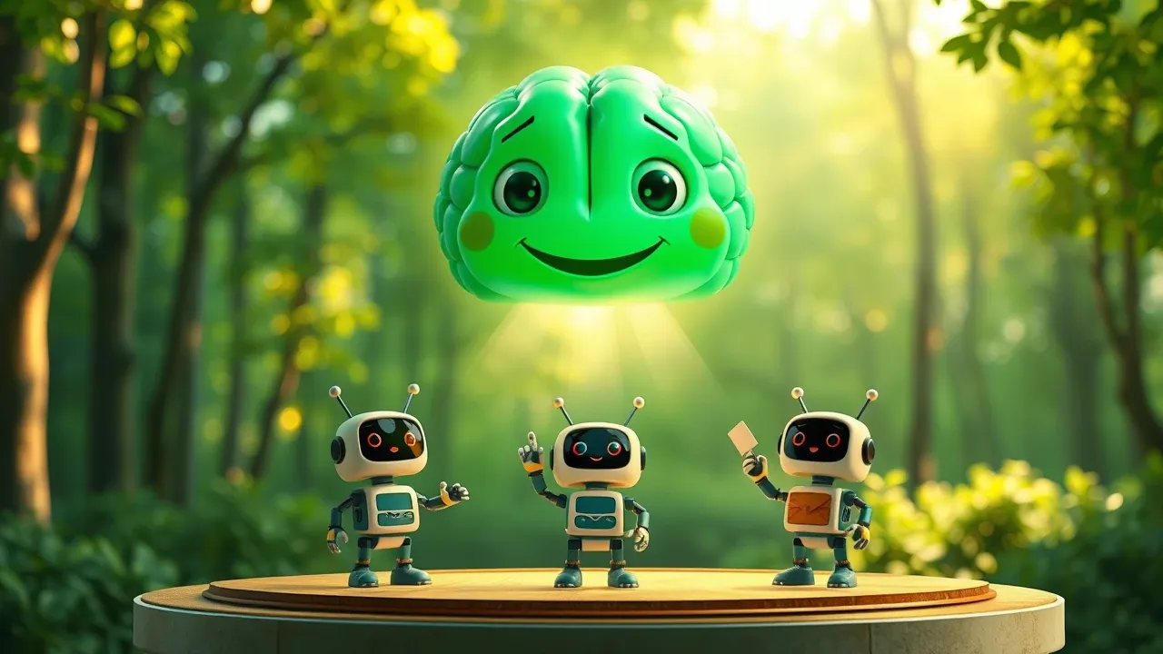 Personagem cartoon Pixar 3D coordenando mini robôs que realizam tarefas diferentes simultaneamente, iluminação verde esmeralda dramática, perspectiva low-angle