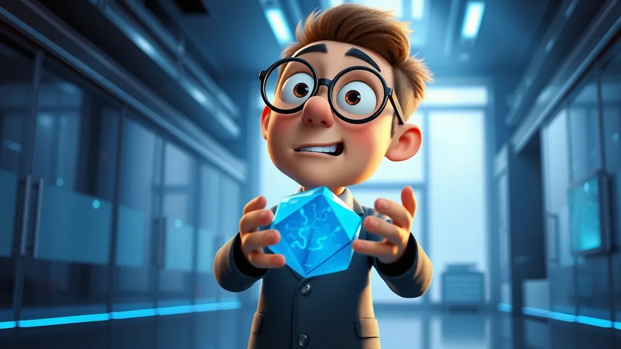 Personagem Pixar 3D com óculos redondos e jaleco azul elétrico segurando um modelo de dados futurista que brilha com luz azul elétrica, pose triunfante em sala de laboratório high-tech