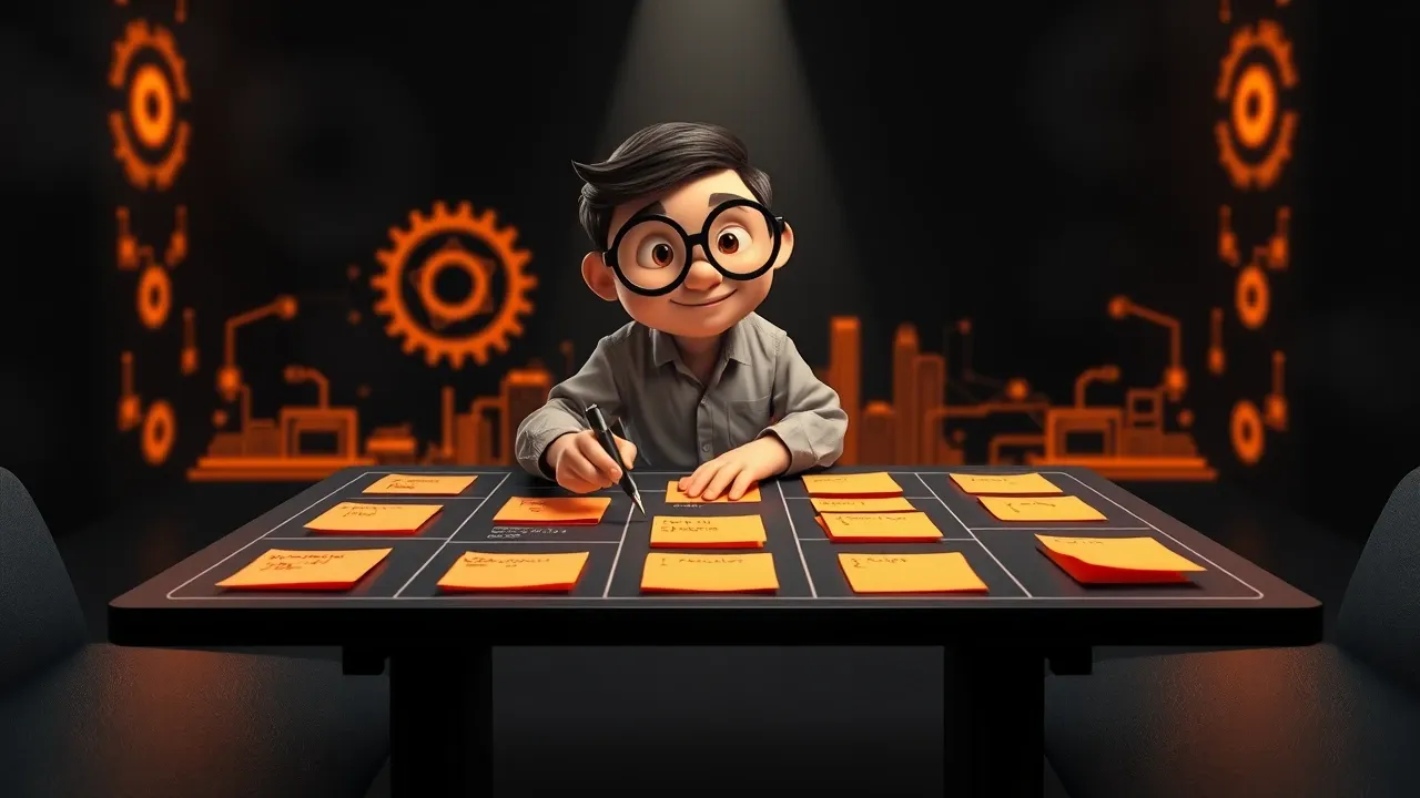 Empreendedor cartoon confiante em mesa de planejamento com mapas de IA iluminados em laranja divididos por departamentos, estilo Pixar 3D charcoal dramático