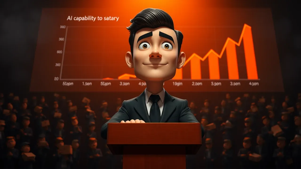 CEO cartoon personagem em pódio gigante sob holofote laranja explicando com confiança exagerada enquanto ao fundo funcionários menores carregam caixas, estilo Pixar 3D charcoal noir