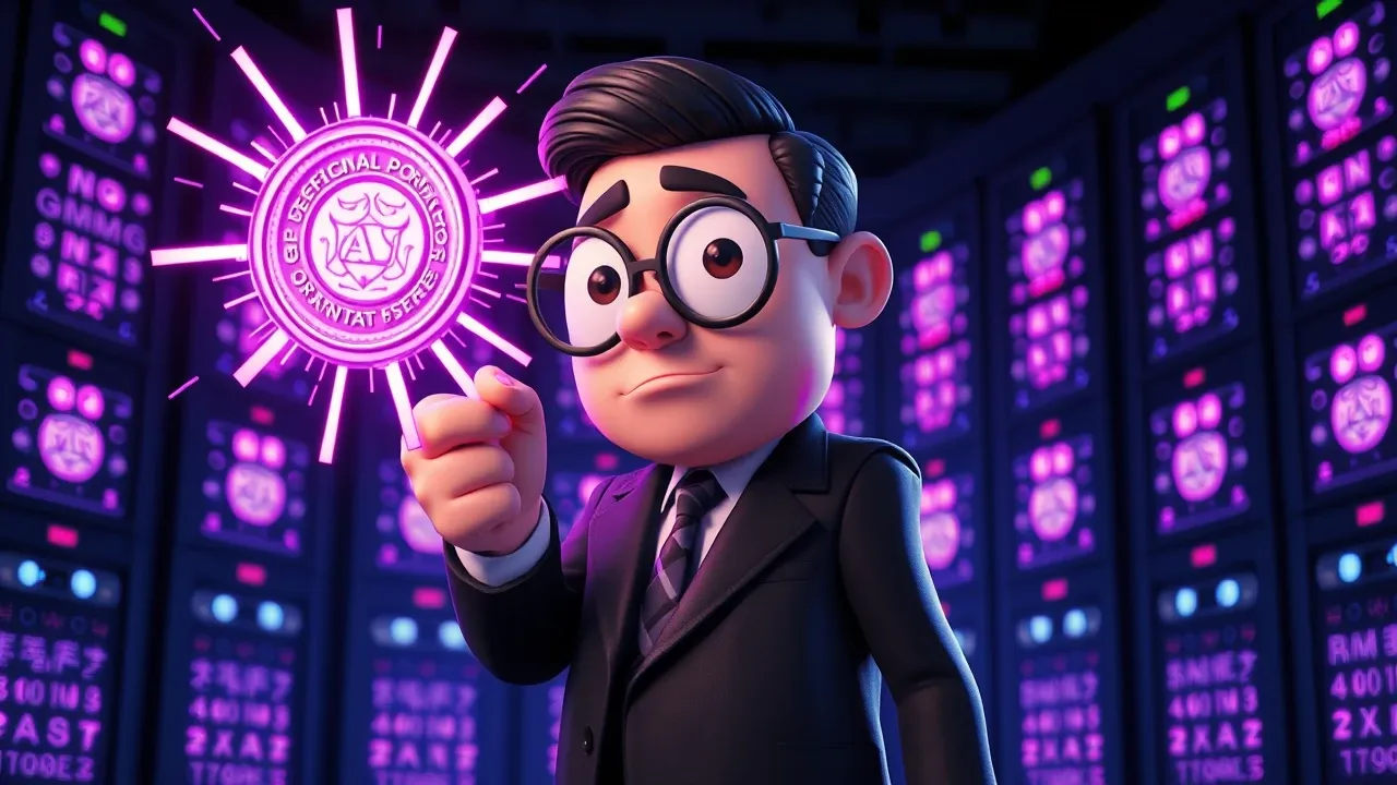 Ilustração Pixar 3D de um personagem burocrata carimbando com força um documento gigante com lacre oficial, servidores ao fundo começando a se apagar em sequência, iluminação dramática violeta