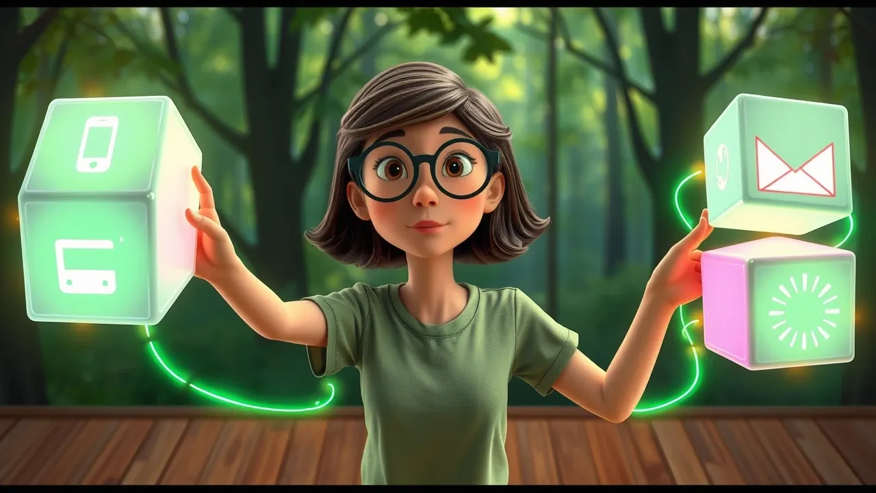 Personagem cartoon Pixar construindo blocos de automação conectados por fios de luz verde, expressão de concentração teatral, ambiente esmeralda