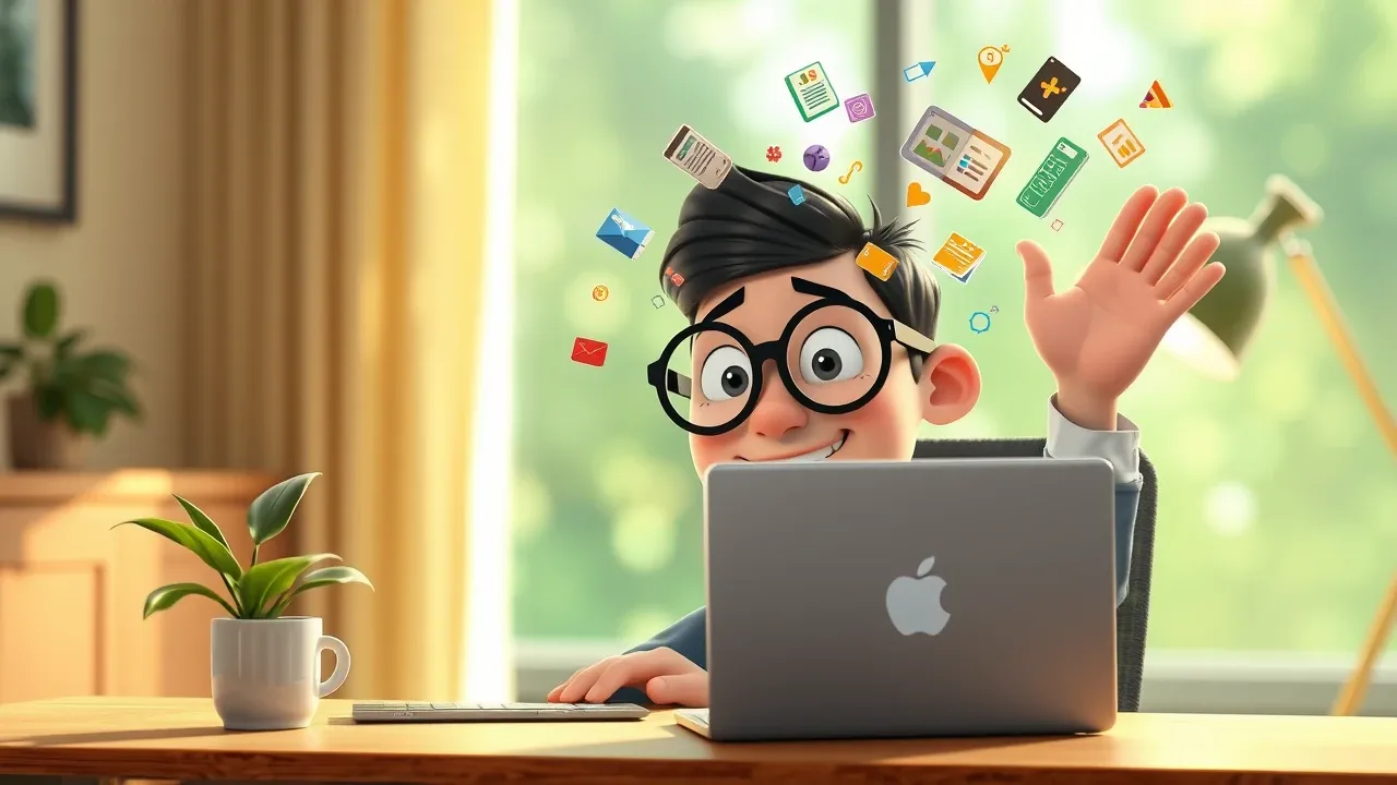 Ilustração de profissional de óculos grandes analisando qualidade de resposta de IA com ícones de documentos e gráficos saindo do laptop