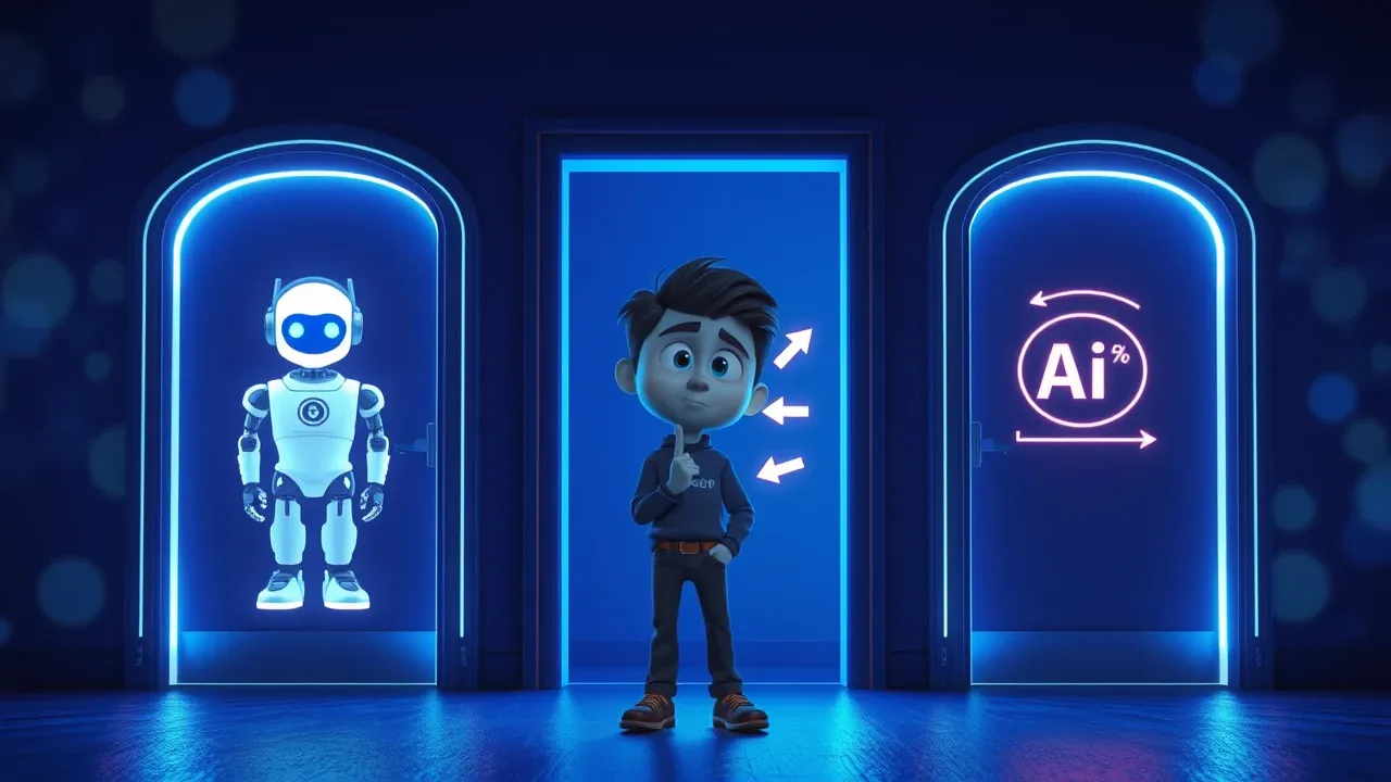 Personagem Pixar 3D em bifurcação de caminhos, escolhendo entre chatbot, automação e agente IA, paleta electric blue dramatizada
