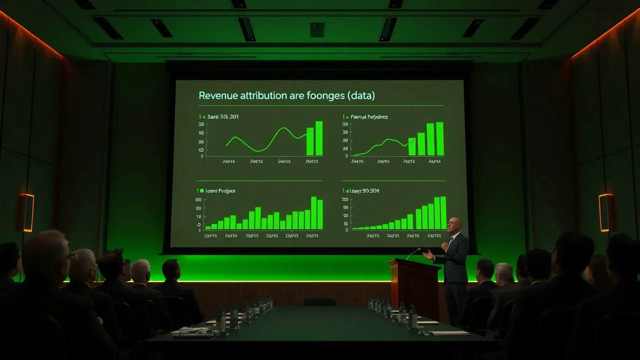 Executivo apresentando relatório de receita e ROI de investimentos em inteligência artificial para diretoria de empresa