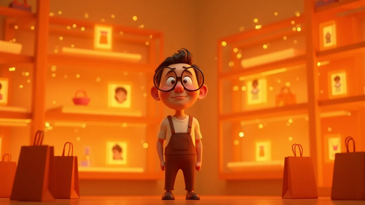 Personagem Pixar 3D animado observando prateleiras digitais de produtos com conexões de luz laranja ligando itens relacionados