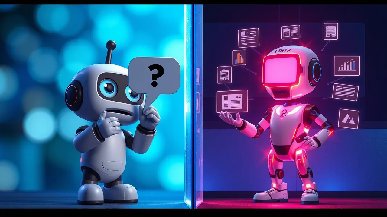 Personagem Pixar 3D comparando chatbot (robô simples) com agente IA (personagem complexo com ferramentas), paleta electric blue