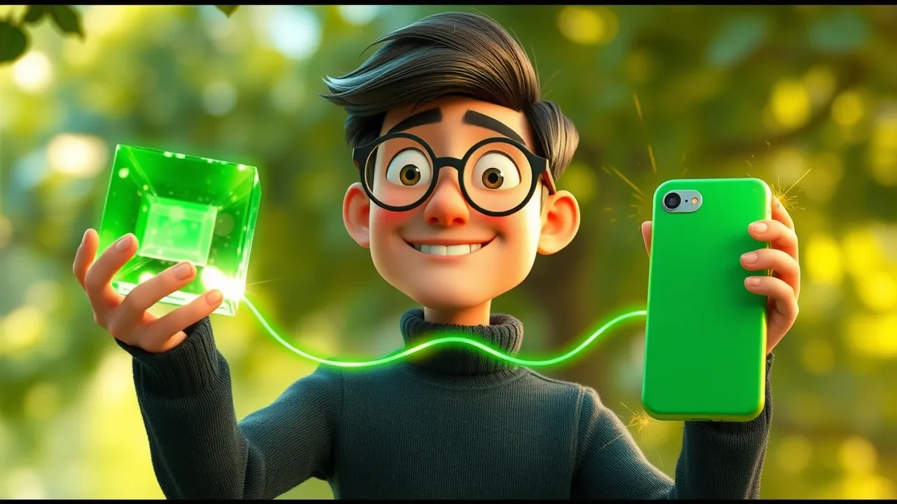 Personagem cartoon Pixar conectando agente IA ao WhatsApp via cabos de luz, interface futurística com elementos verdes