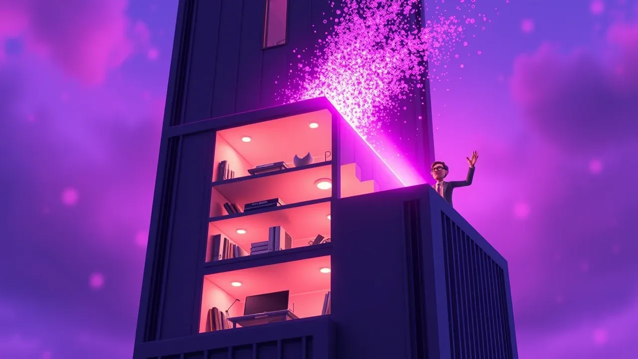 Personagem Pixar 3D fazendo cálculo matemático em quadro branco enorme com equações de ROI brilhando em violeta, expressão de descoberta teatral, papéis voando