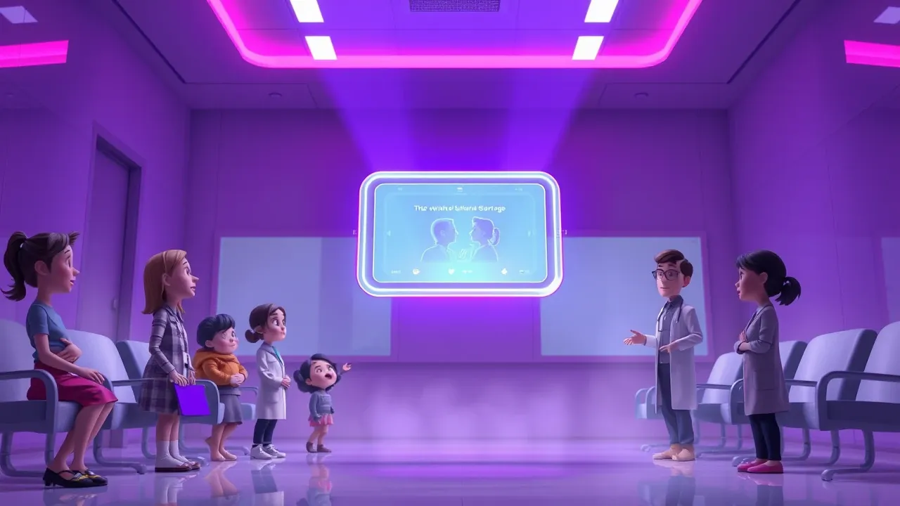 Agente IA de triagem médica coletando sintomas de paciente por WhatsApp, interface Pixar 3D violeta com dados de saúde estruturados