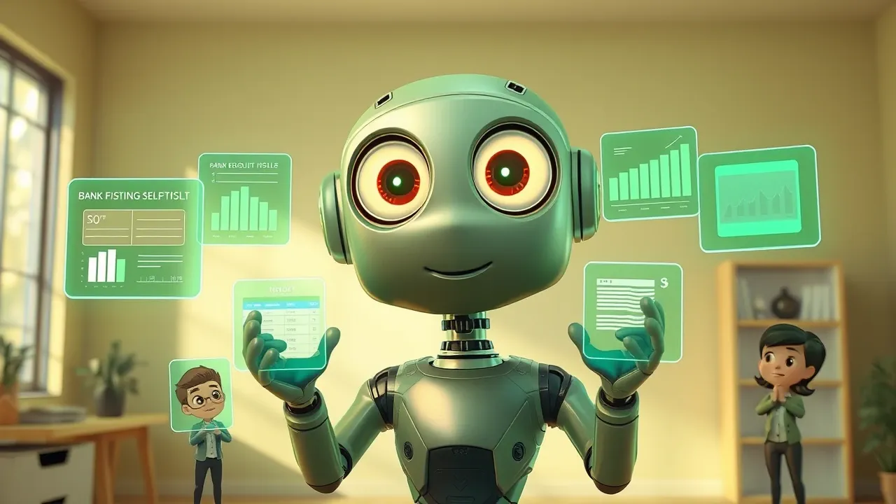 IA humanóide emerald operando 7 painéis holográficos com tarefas contábeis sendo automatizadas