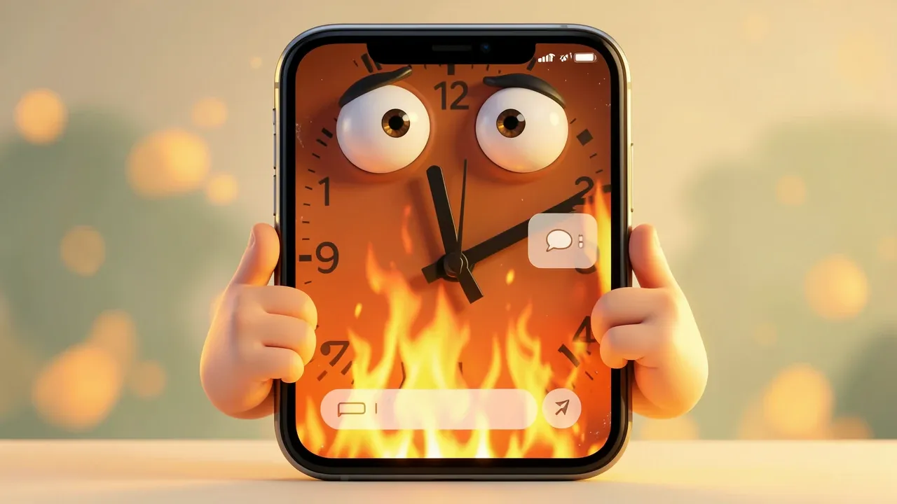 Relógio digital cartoon estilo Pixar 3D marcando contagem regressiva de 72 horas com celular ao lado mostrando feed de redes sociais pausado, iluminação dramática em tons de azul e verde