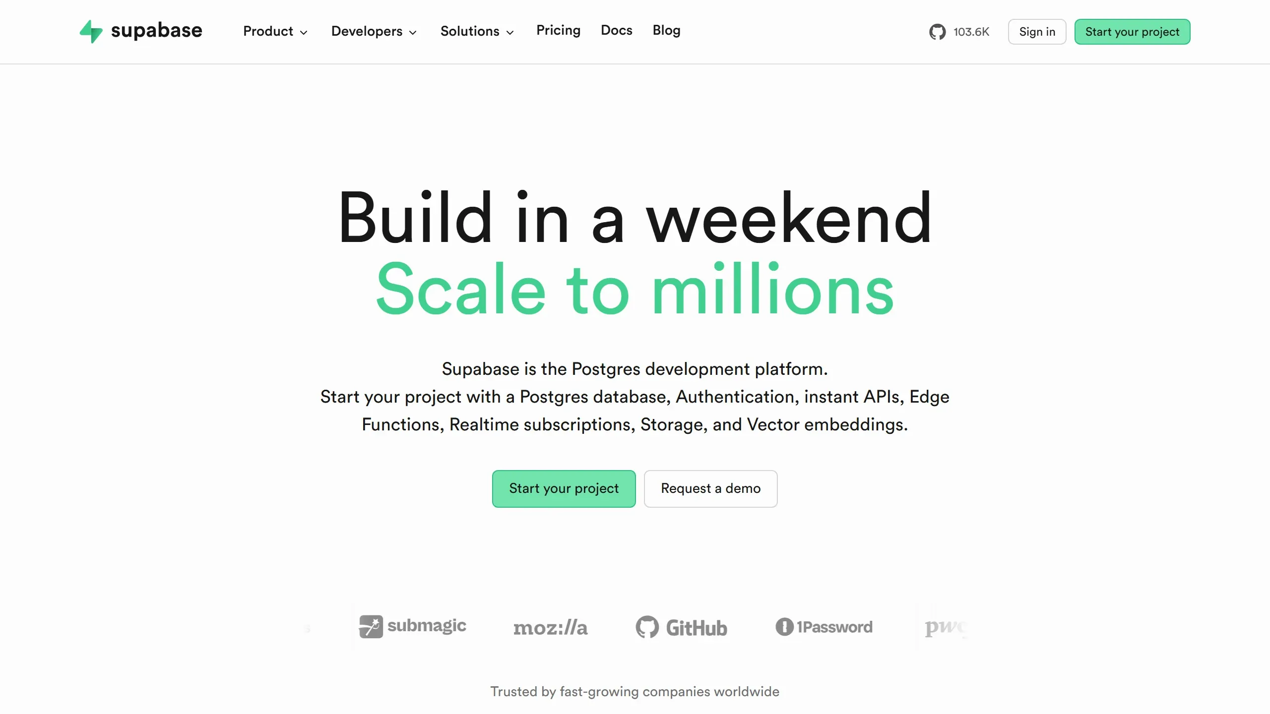 Home da Supabase, banco de dados open source com 10 milhões de desenvolvedores
