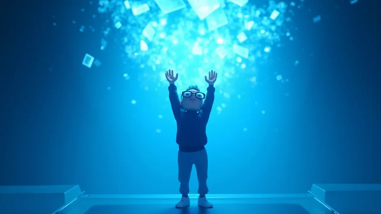 Personagem Pixar 3D em pé sobre uma plataforma de vidro translúcido, erguendo os braços triunfalmente enquanto um teto simbólico se dissolve em partículas de luz azul elétrico acima dele, composição angular dramática de baixo pra cima, iluminação cinematográfica azul com reflexos em aço escovado