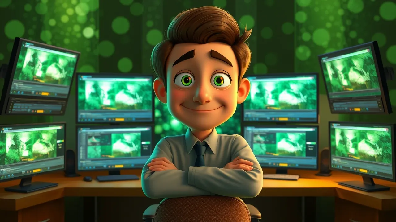 Estúdio Pixar profissional com suite completa de ferramentas na tela, personagem editando com luz verde no ambiente