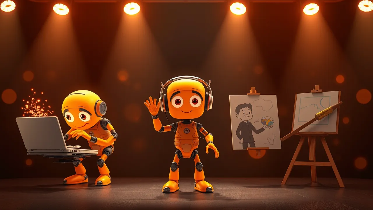 Robô laranja em palco de TED se multiplicando em três versões, uma escrevendo código, uma atendendo cliente sorrindo, uma desenhando peças de marketing