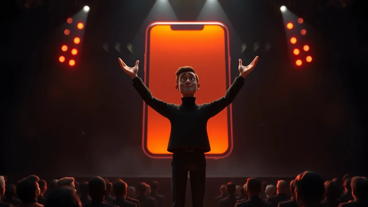 Tim Cook em palco dramático com iPhone gigante iluminado ao fundo
